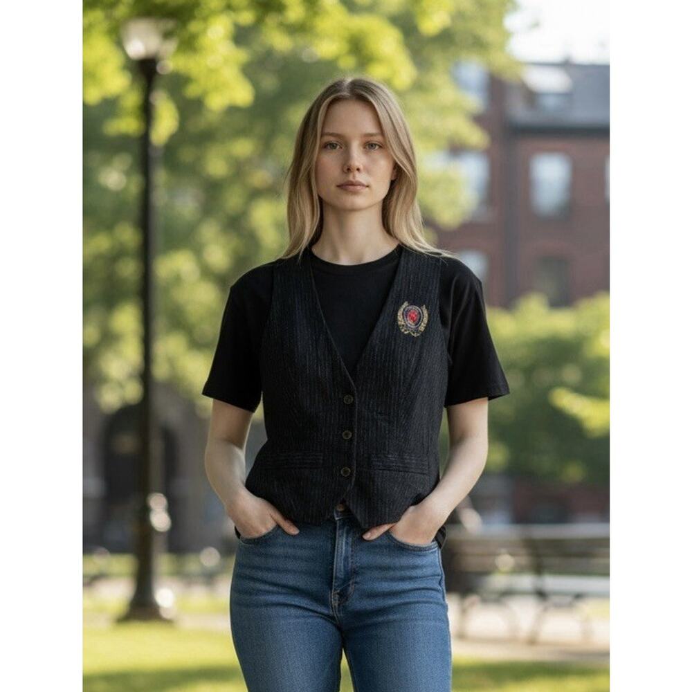 American Eagle Vest Black Pinstripe Wool Logo Crest Steampunk Women’s Size S